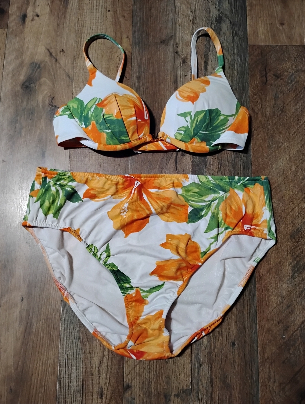 VENUS White Bikini with Orange Floral and Green Leaf Trim Women's Size: B/14